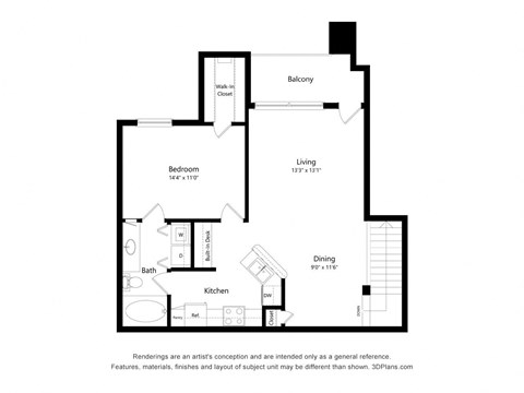 Floor plan for 1 bed, 1 bath, 866 sqft
